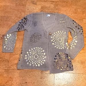 Chico's grey knit cardigan with gold print. Size 2 (so size 10) great condition!